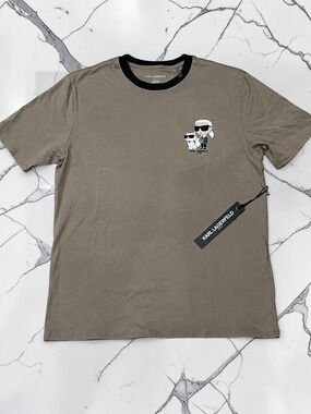 Karl Lagerfeld Paris Men’s Taupe Ikonik Karl & Choupette Graphic T-Shirt Size L